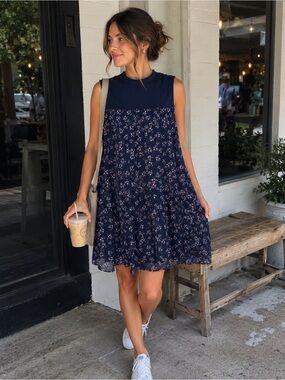 Mittoshop Mock Neck Mixed Media Floral Tiered Dress Size L